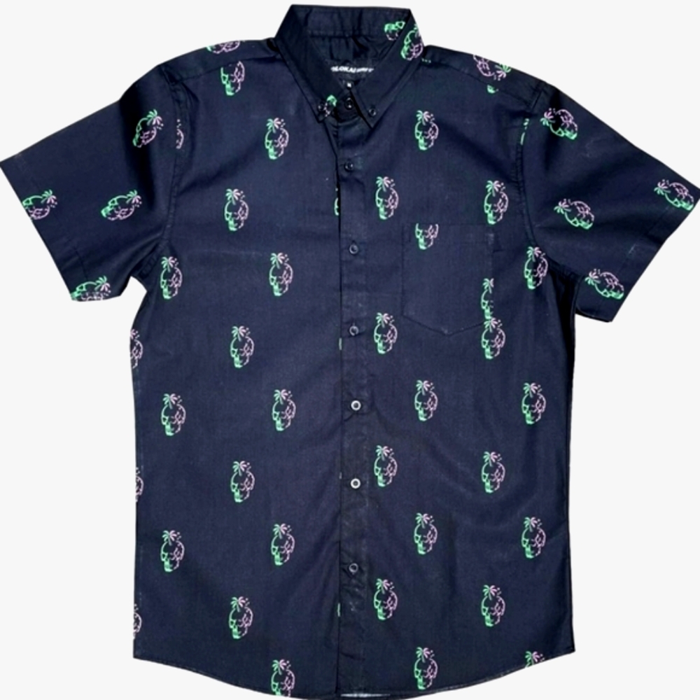 Molokai Surf Shop 100% Cotton Black Skull Palm Tree Short Sleeve Button Up Shirt